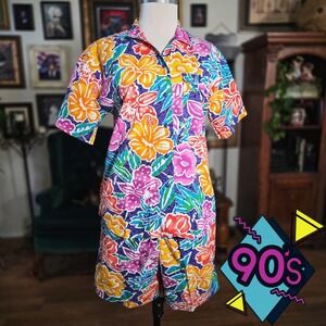 Vintage 90s Lizsport Vintage Hawaiian Floral Aloha Shirt & Shorts Set M Tropical